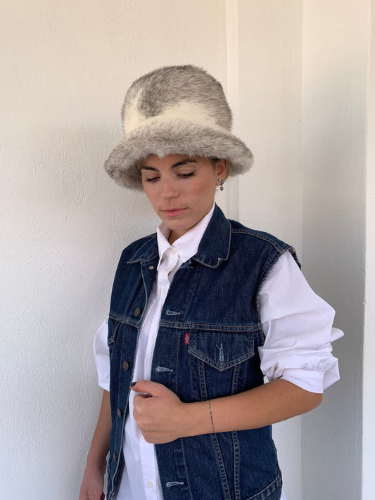 Real Mink Fur Bucket Hat: Silver Cross Design, Padded Lining
