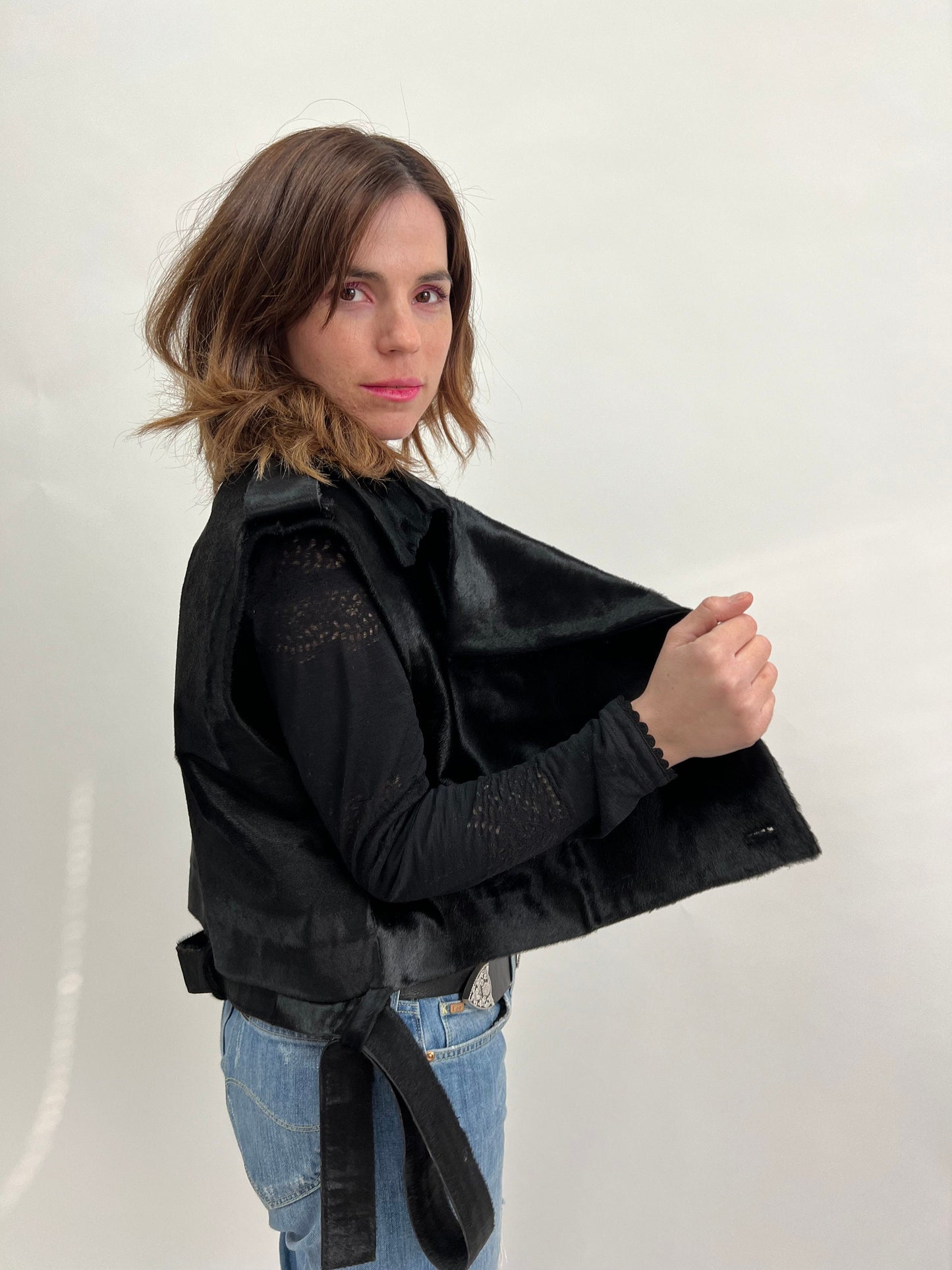 Hair-On Hide Leather Vest: Genuine Cavallino Fur, Belted Utility Vest
