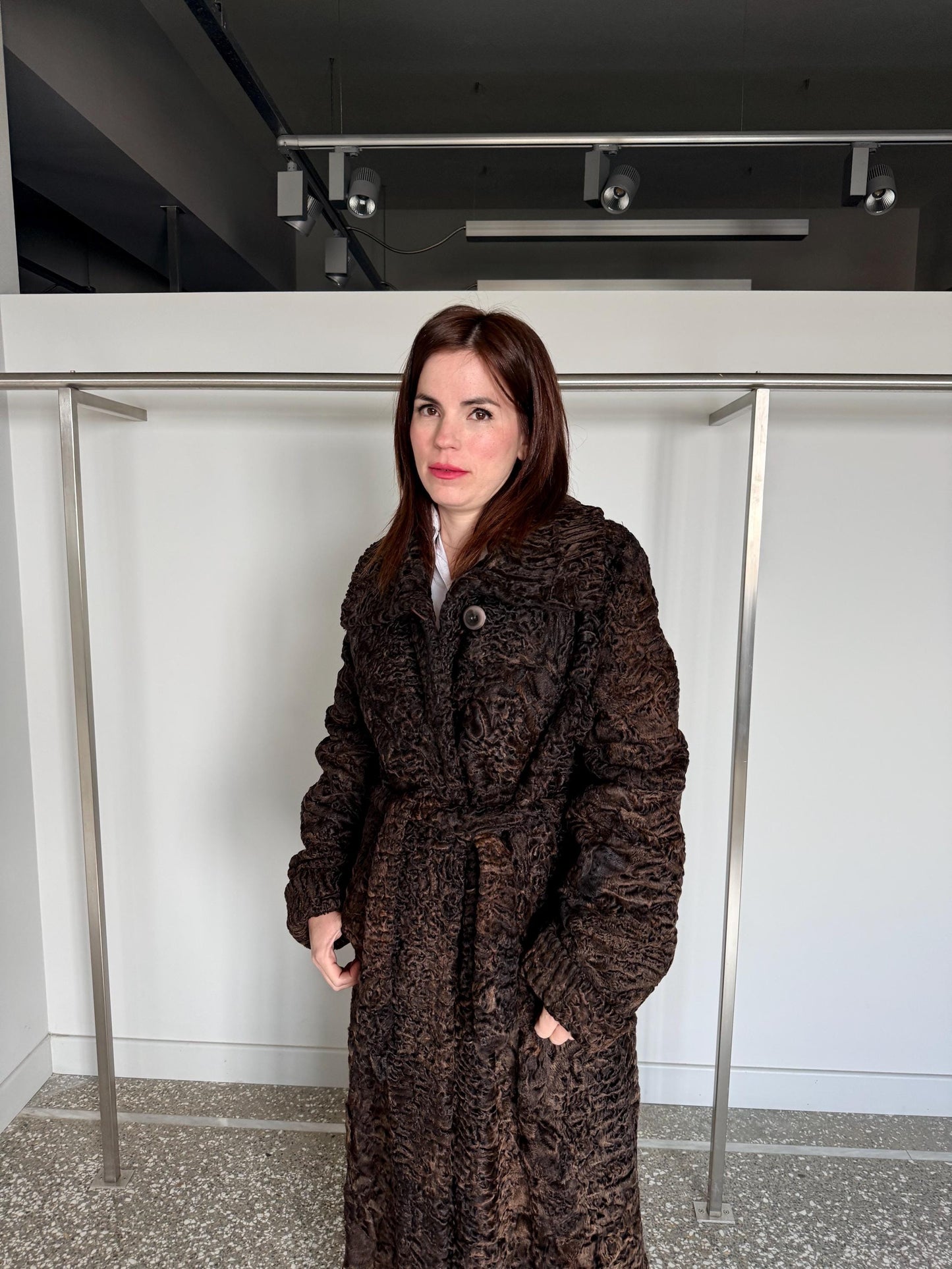 Handmade Brown Swakara Curly Fur Coat with Tie Belt – Extremely Warm Sheepskin Coat