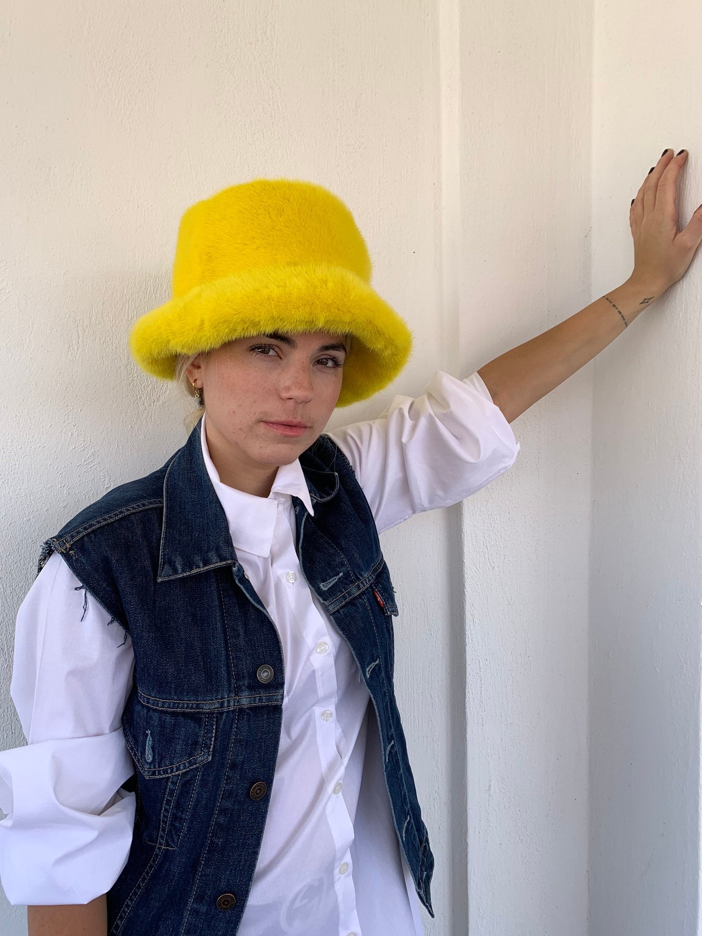 Handmade Yellow Mink Fur Bucket Hat: Luxury Winter Warmer