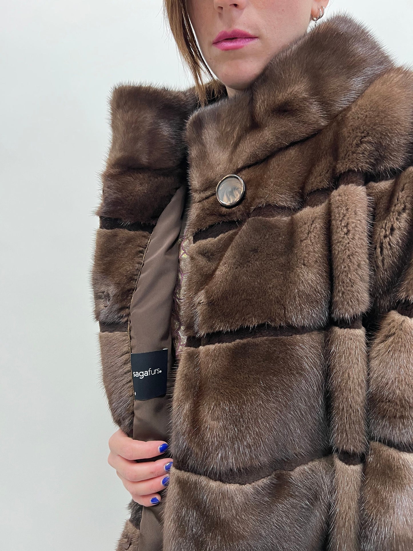 Saga Mink Fur Coat: Brown Sheared Trim, Handmade in Greece