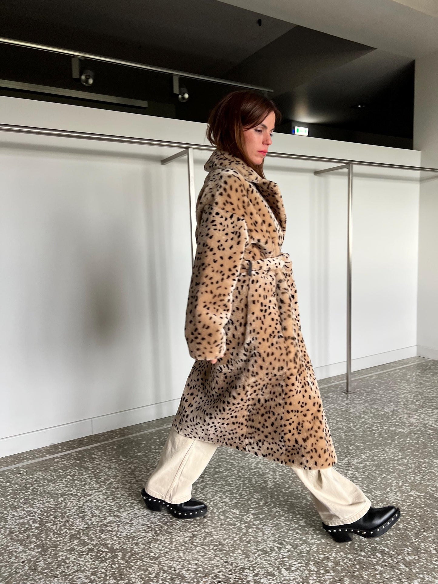 Handmade Merino Shearling Coat: Animal Stamp Fur Stroller, Brown Leather Wrap