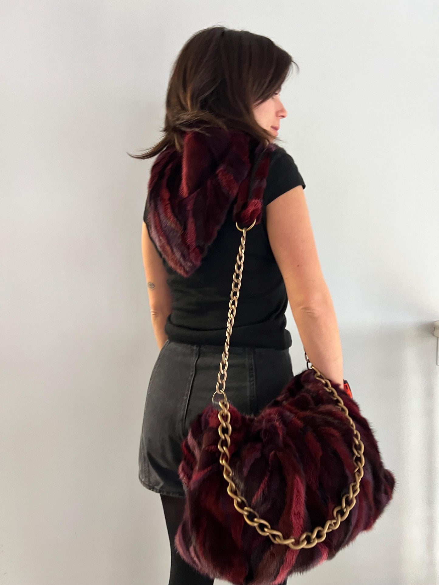 Handmade Mink Fur Slouchy Shoulder Bagin Burgundy : Luxury Cross-body Purse in army shades.
