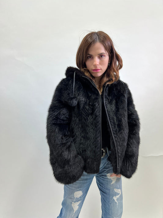Real Mink Fur Hooded Bomber Jacket - Leather Trim, Size Medium