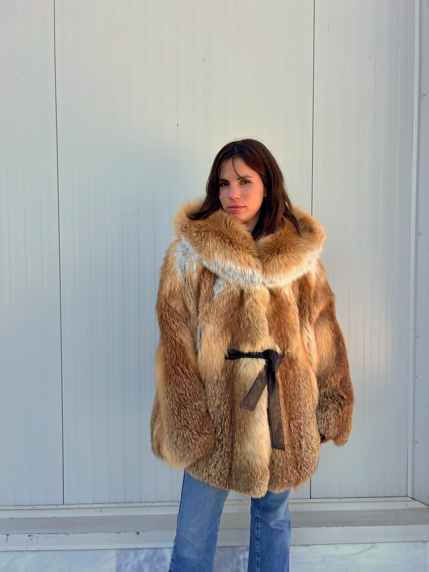 Red Fox Fur Cape with Hood: Handmade Leather Belt Closure