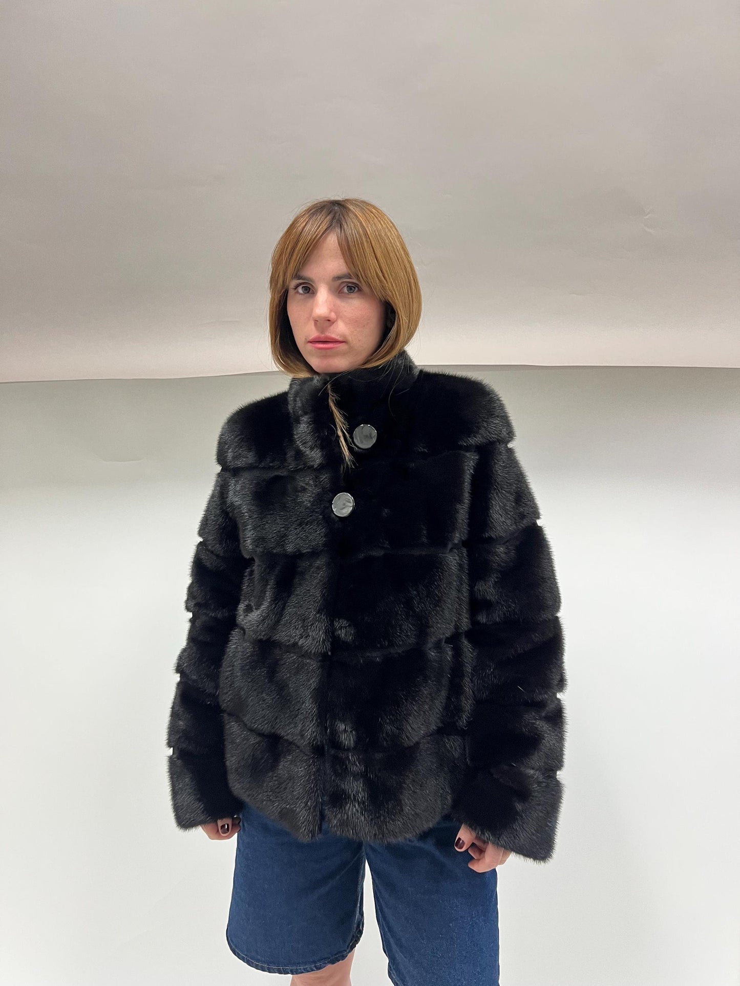 Saga Mink Fur Bolero Jacket: Black Horizontal Collar, Full Skin