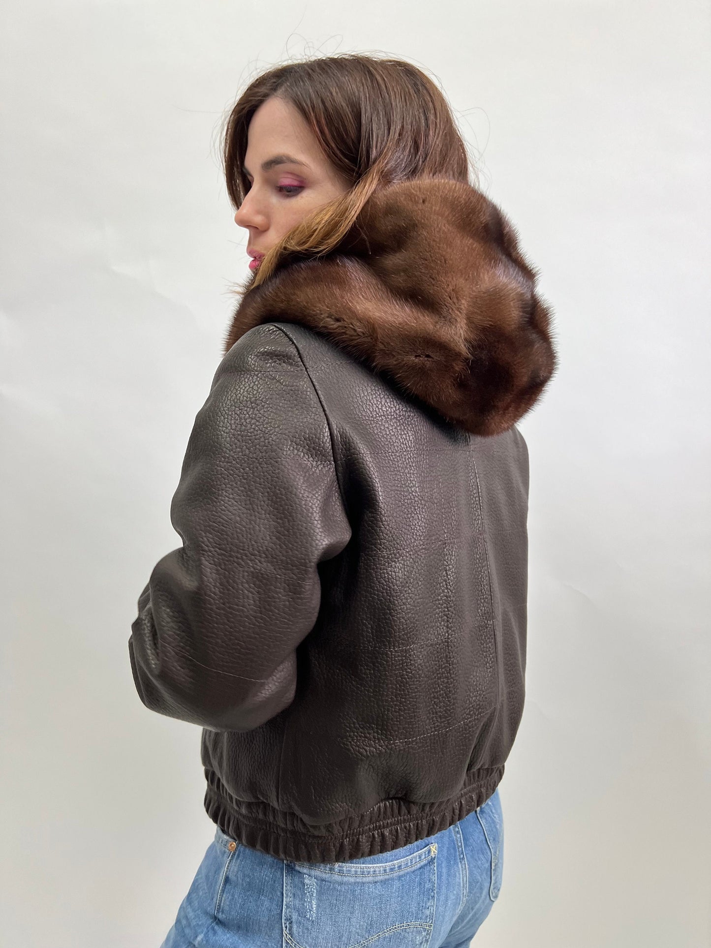 Reversible Brown Mink Fur Bomber Jacket: Leather Hooded Coat