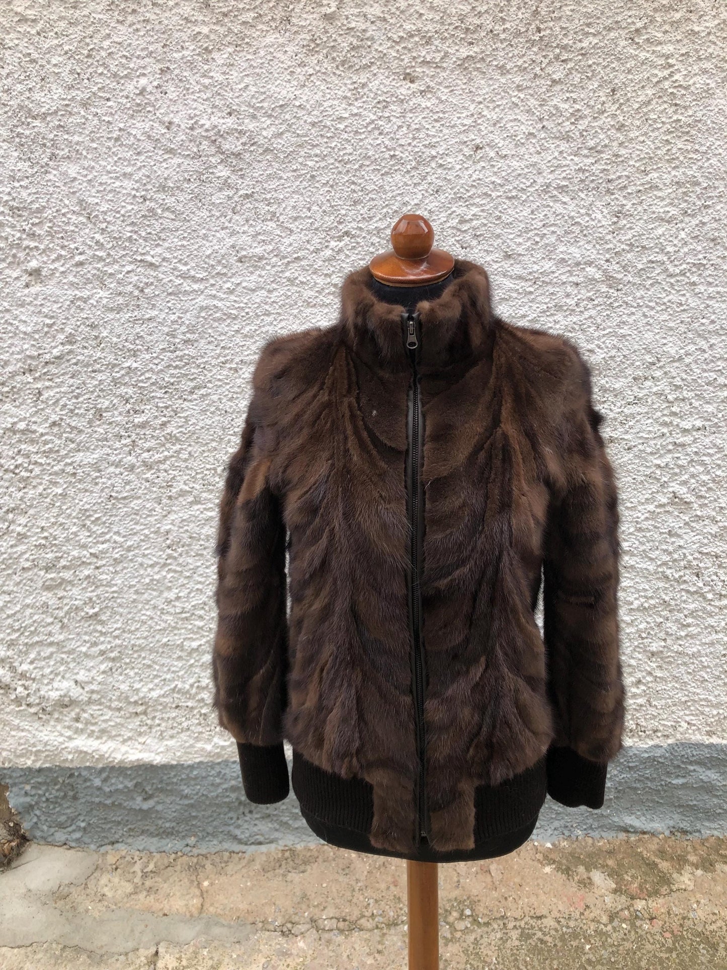 Brown Mink Fur Bomber Jacket: Knitted Trim, Luxury Women's Coat