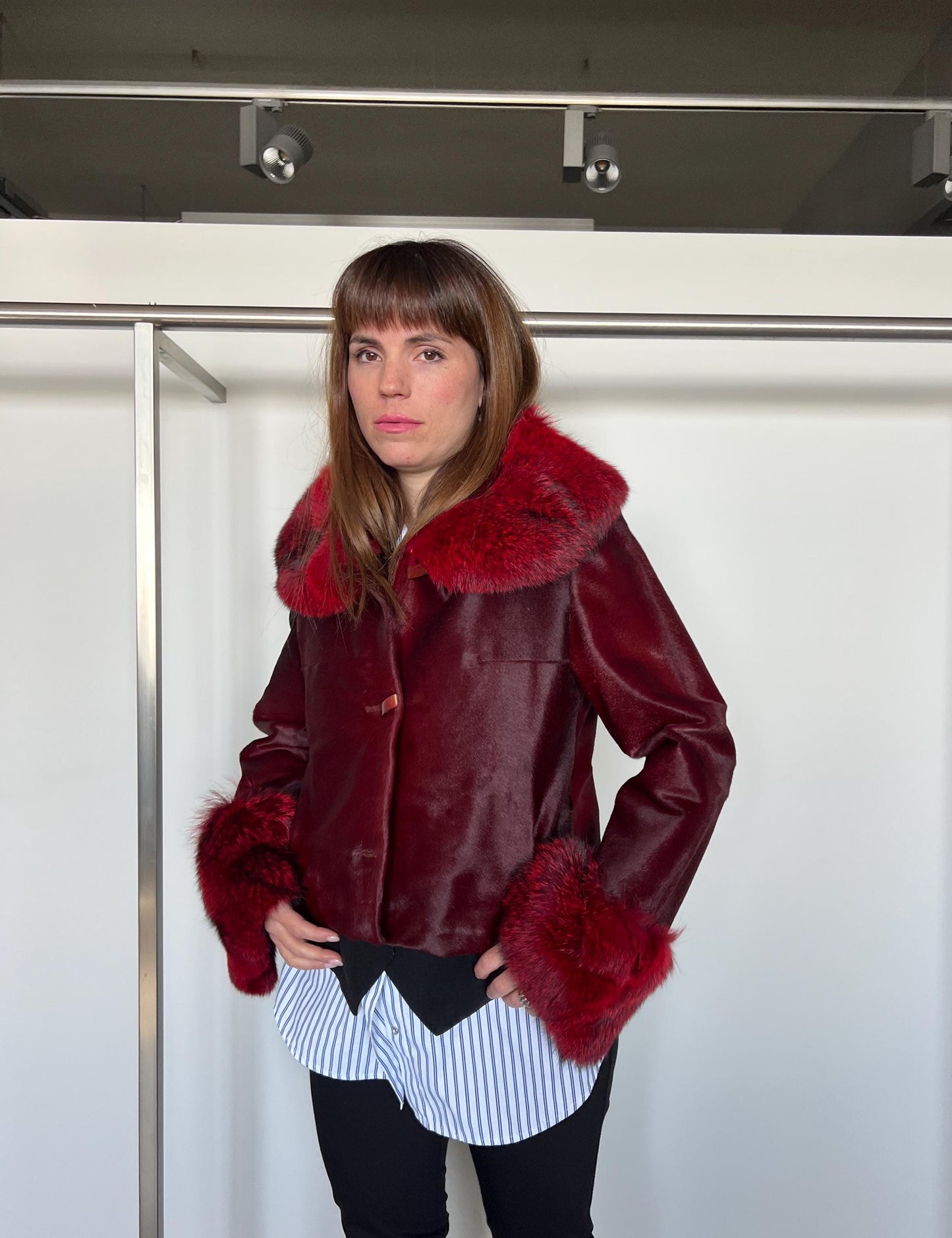 Genuine Cherry Leather Jacket: Hair-On Hide, Fox Fur Trim