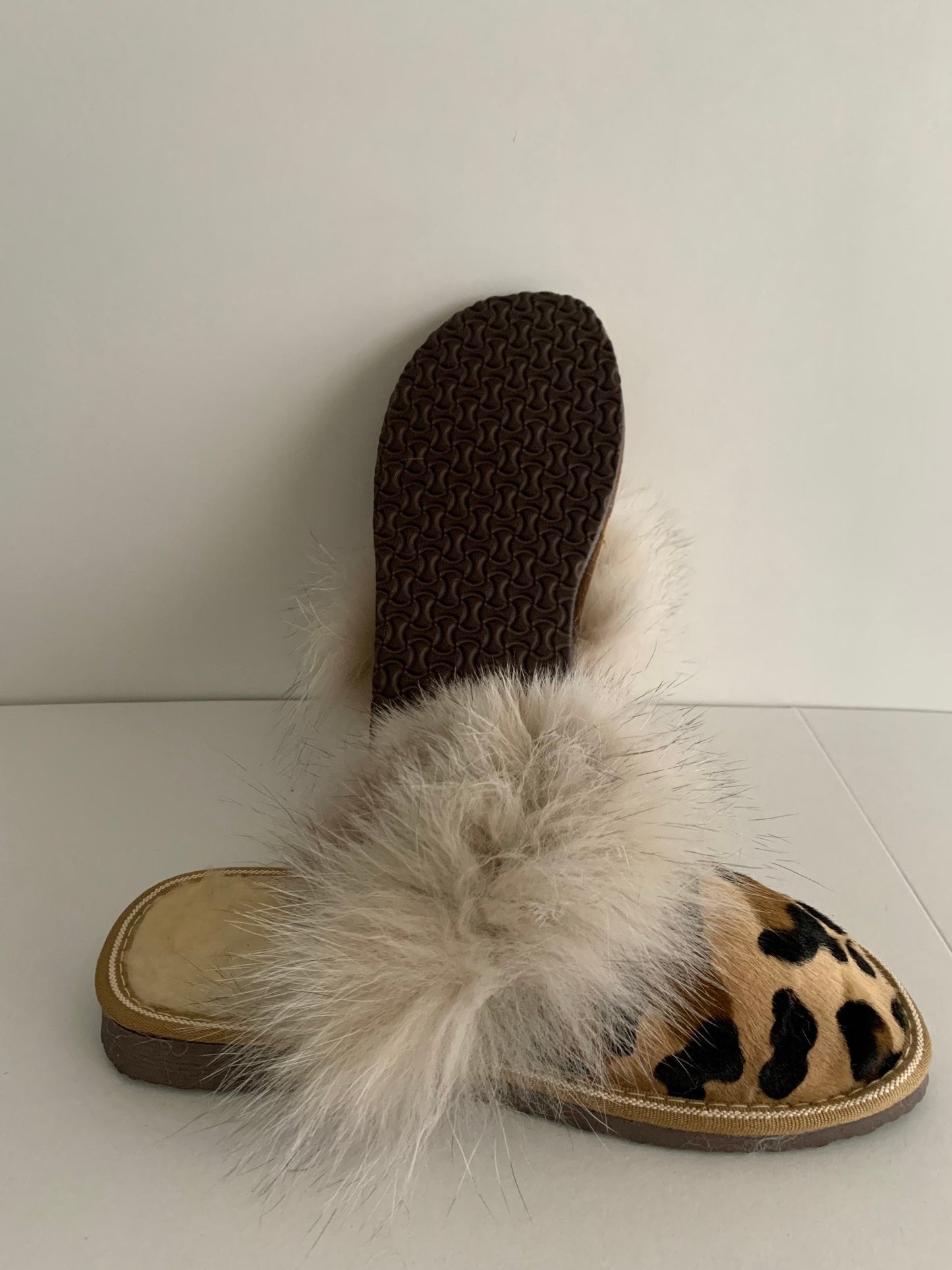 Genuine shearling slippers for women cowhide fur print with fox fur trim,  with foam sole fur slippers. Lightweight mouton fur.