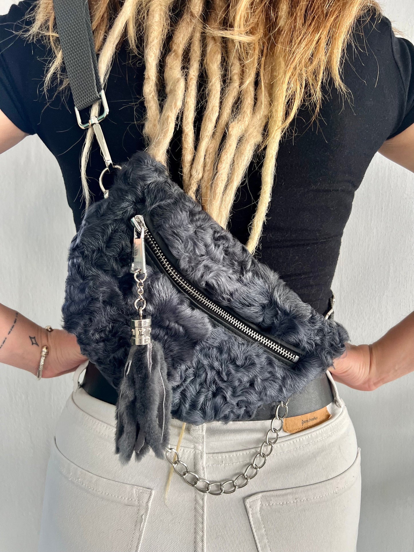 Graphite Lamb Fur Bumbag: Handmade Waist or Shoulder Bag