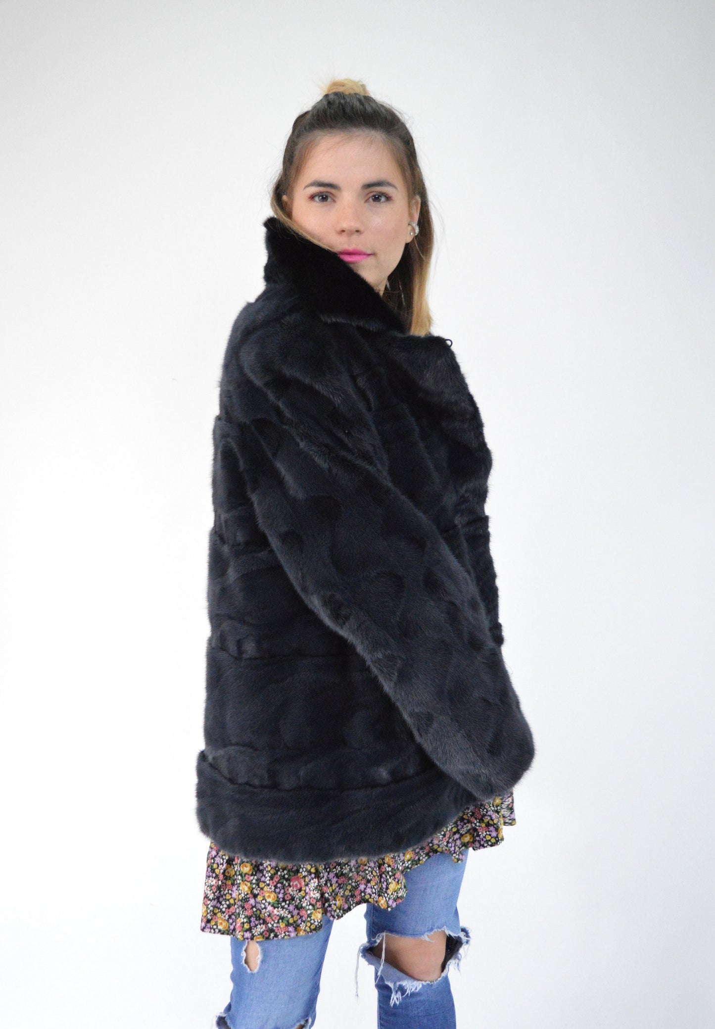 Navy Blue Mink Fur Stroller Coat: Black Collar, Luxury Gift