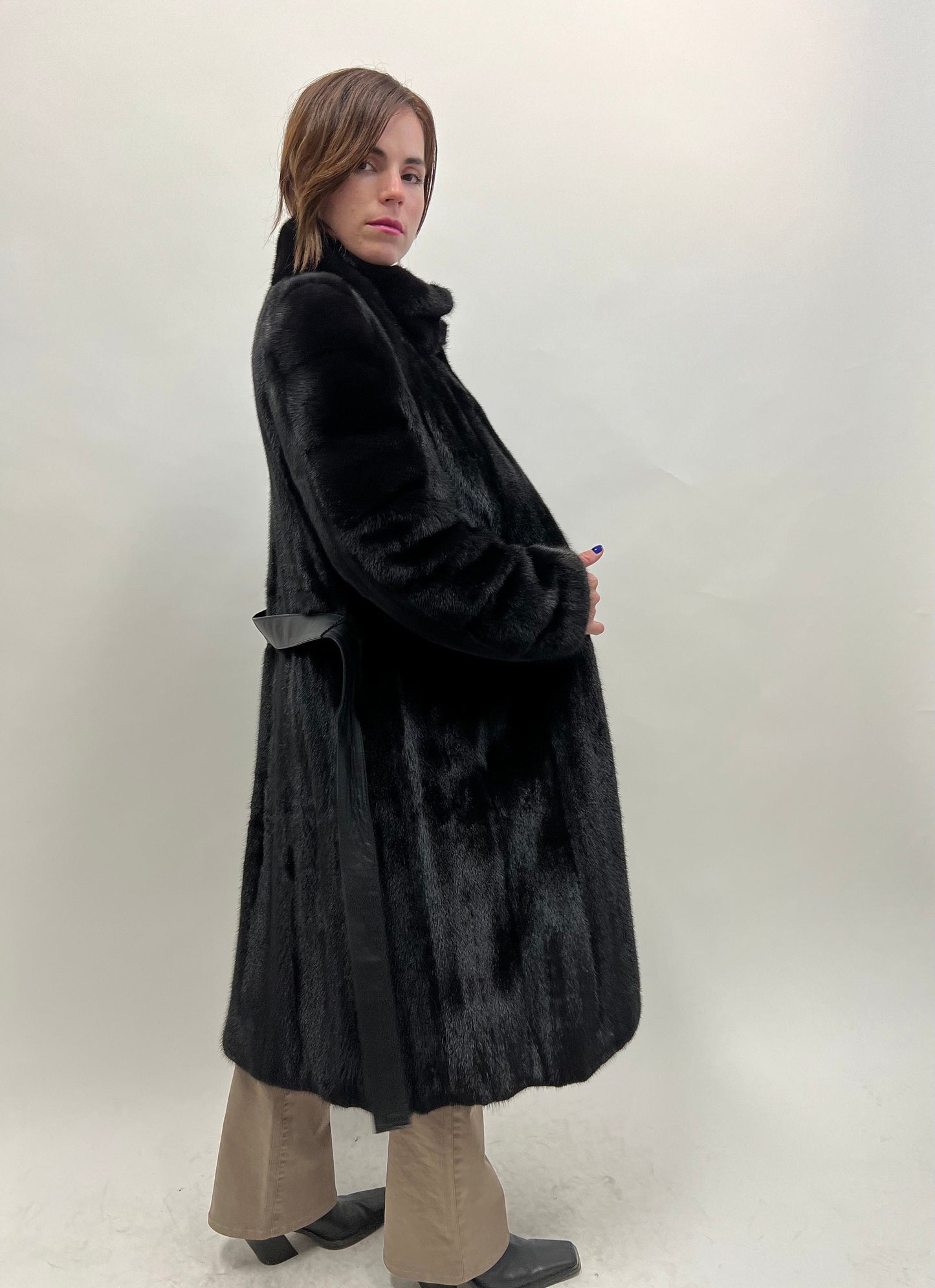 Black Velvet Mink Fur Coat: Nafa Leather Belt, Handmade in Greece