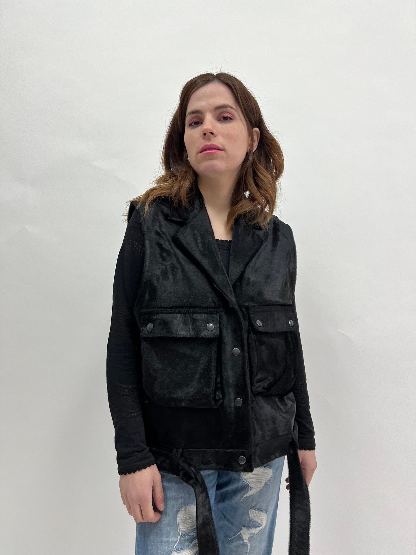 Genuine Hair-On Calf Hide Vest: Utility Leather Vest with Belt