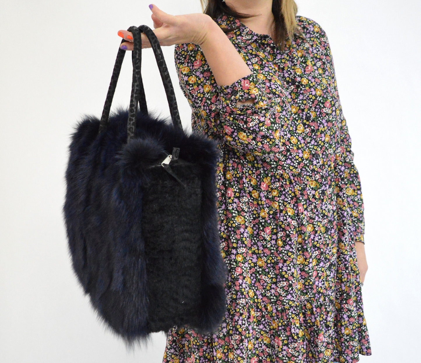 Navy Fox Fur Tote Bag: Handmade Leather Shoulder Bag