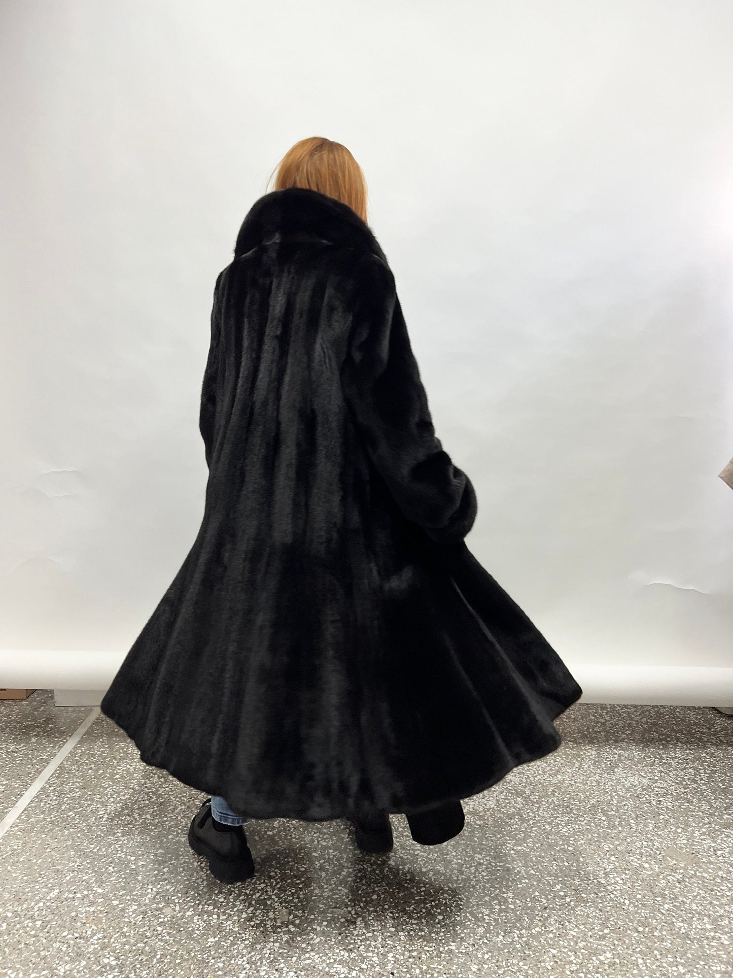 Handmade Black Mink Fur Long Coat: Godet Style, Adjustable Cuffs