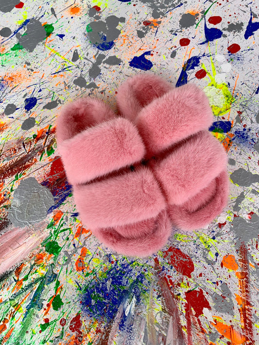 Pink Mink Fur Slides: Luxury Slippers with Leather Insole