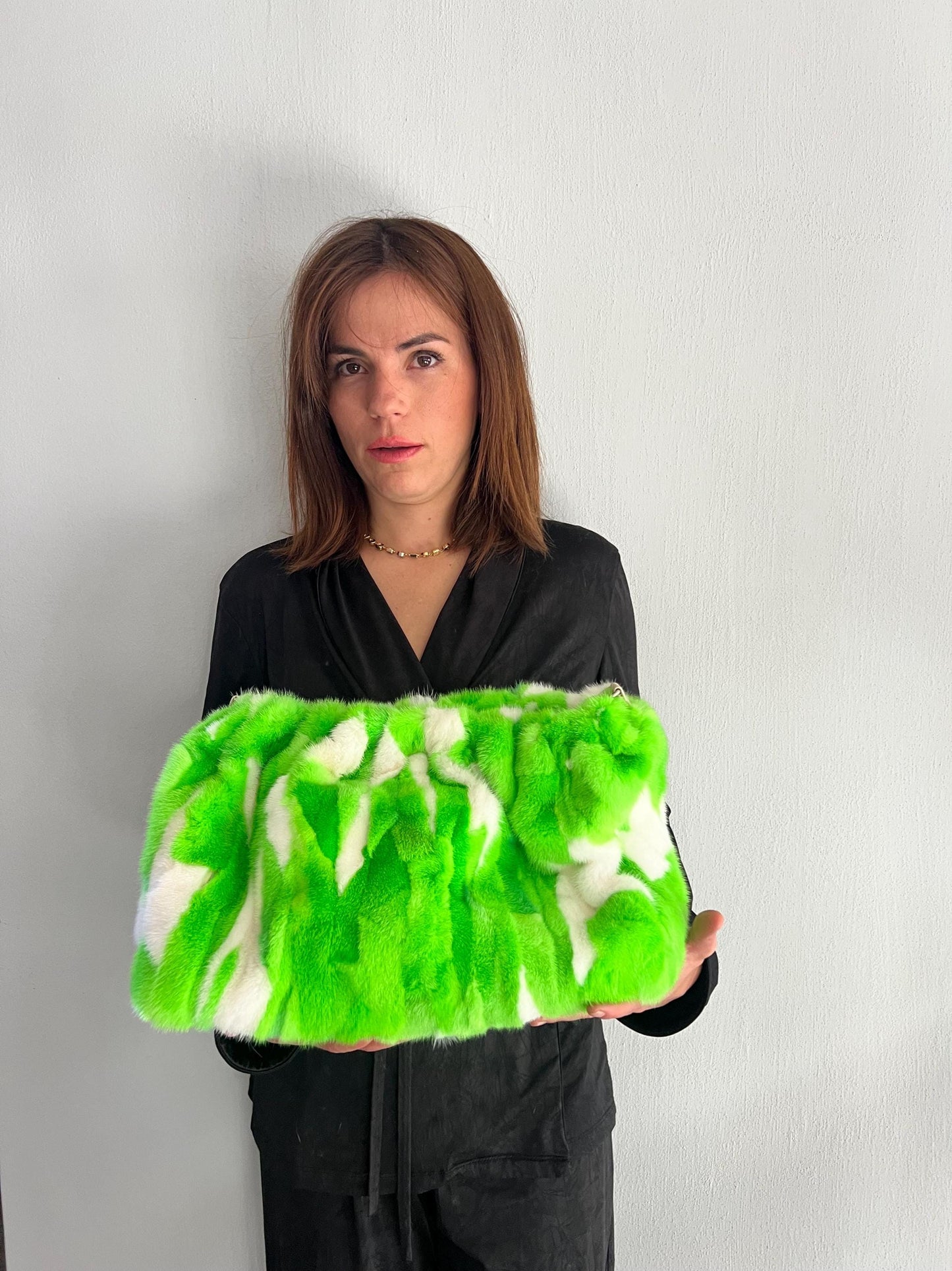 Handmade Mink Fur Shoulder Bag: Green & White Slouchy Crossbody