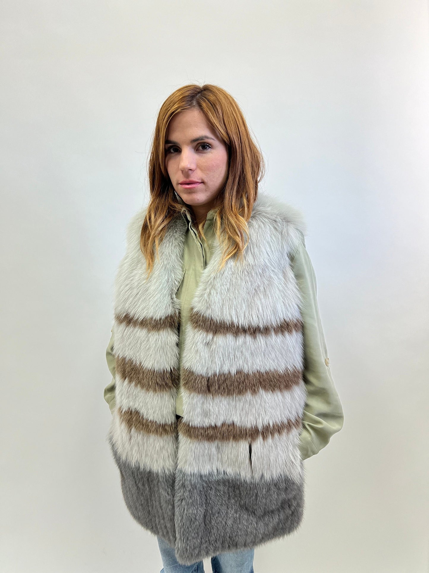 Real Fox Fur Vest: Three-Tone Leather Trim, Size Small