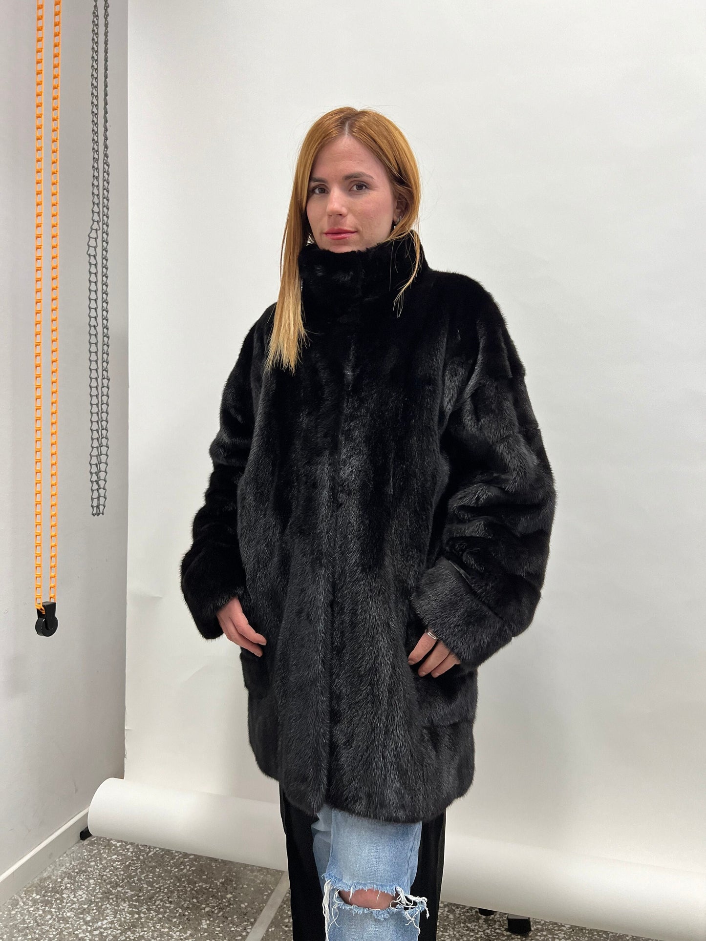 Black Mink Fur Coat, Boxy Jacket with Collar, Size Small