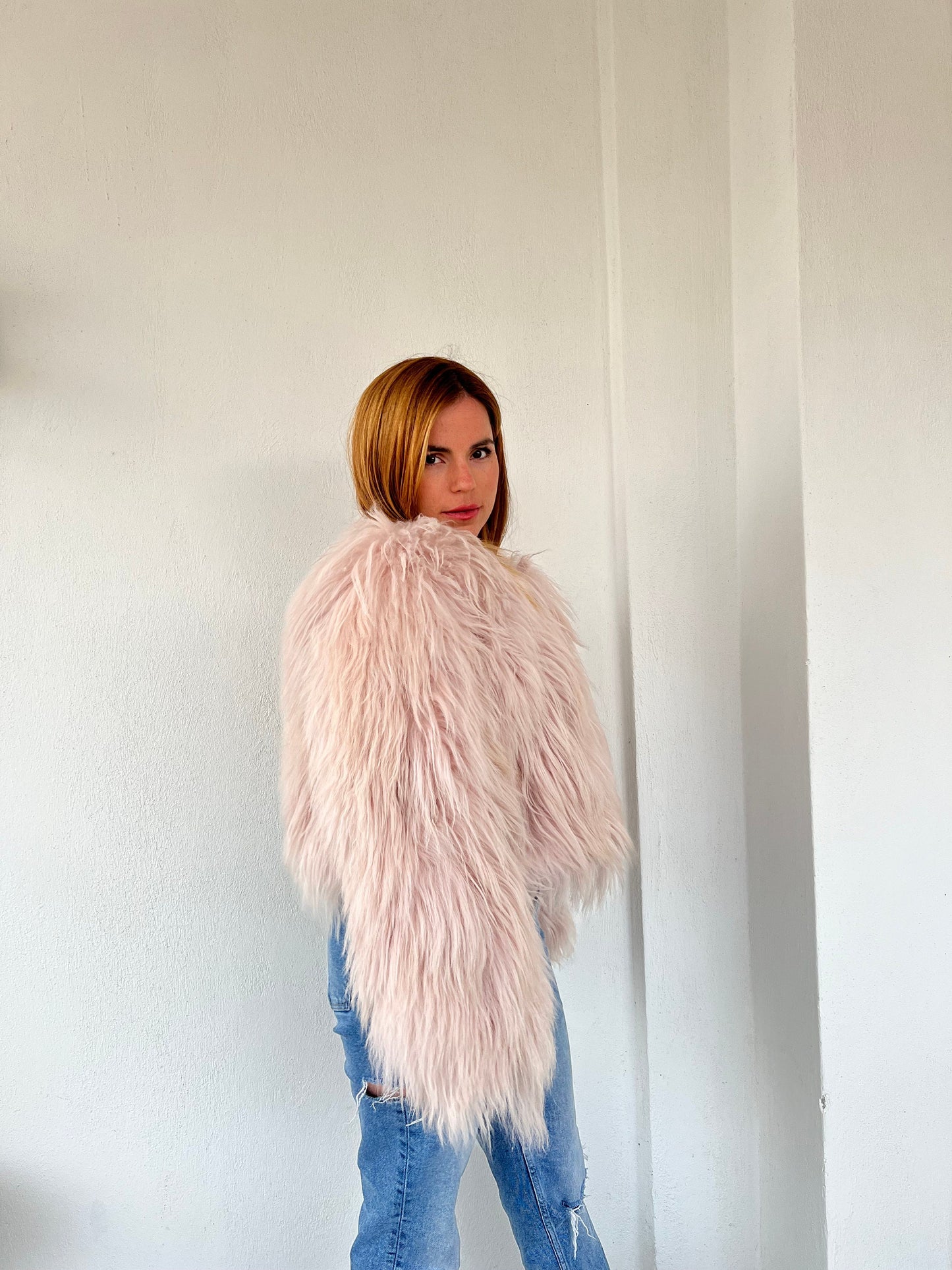 Handmade Mongolian Fur Jacket: Collarless Dusty Rose Sheepskin