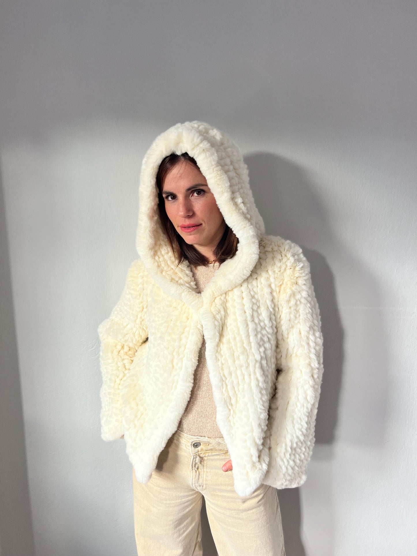 Handwoven Cream Rabbit Fur Hooded Jacket - Frog Closure