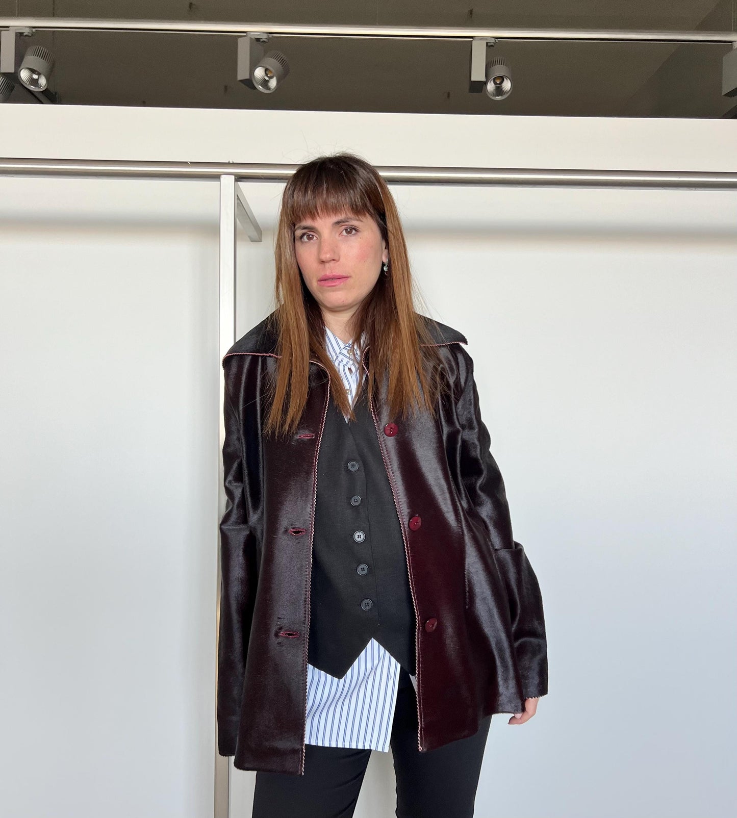 Burgundy Pony Hair Leather Coat: Handmade Calf Hide Jacket