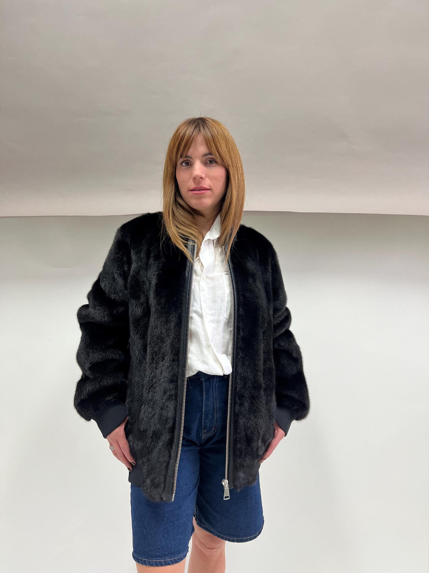 Real Mink Fur Bomber Jacket: Velvet Black, Elastic Hem