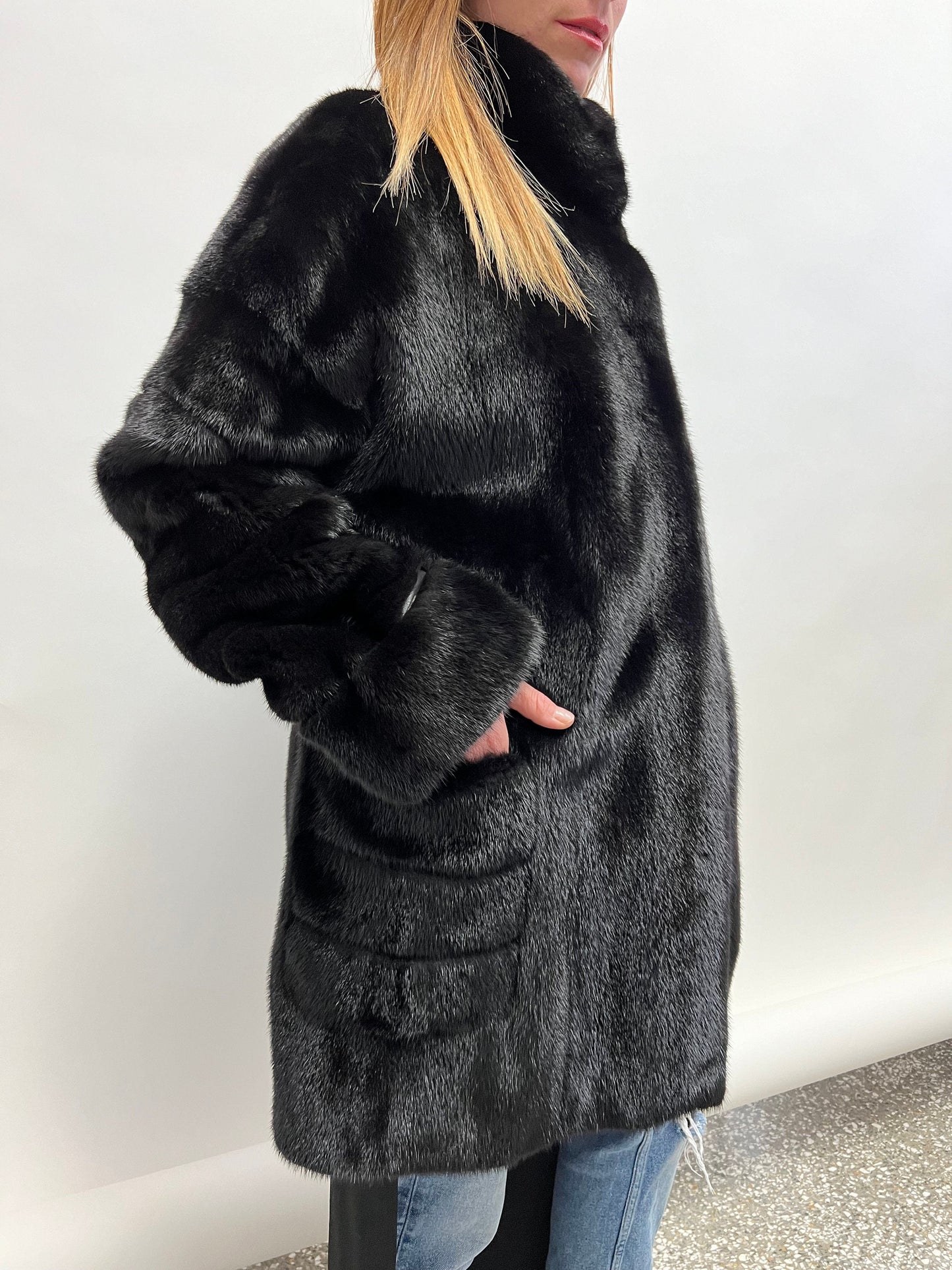 Black Mink Fur Coat, Boxy Jacket with Collar, Size Small