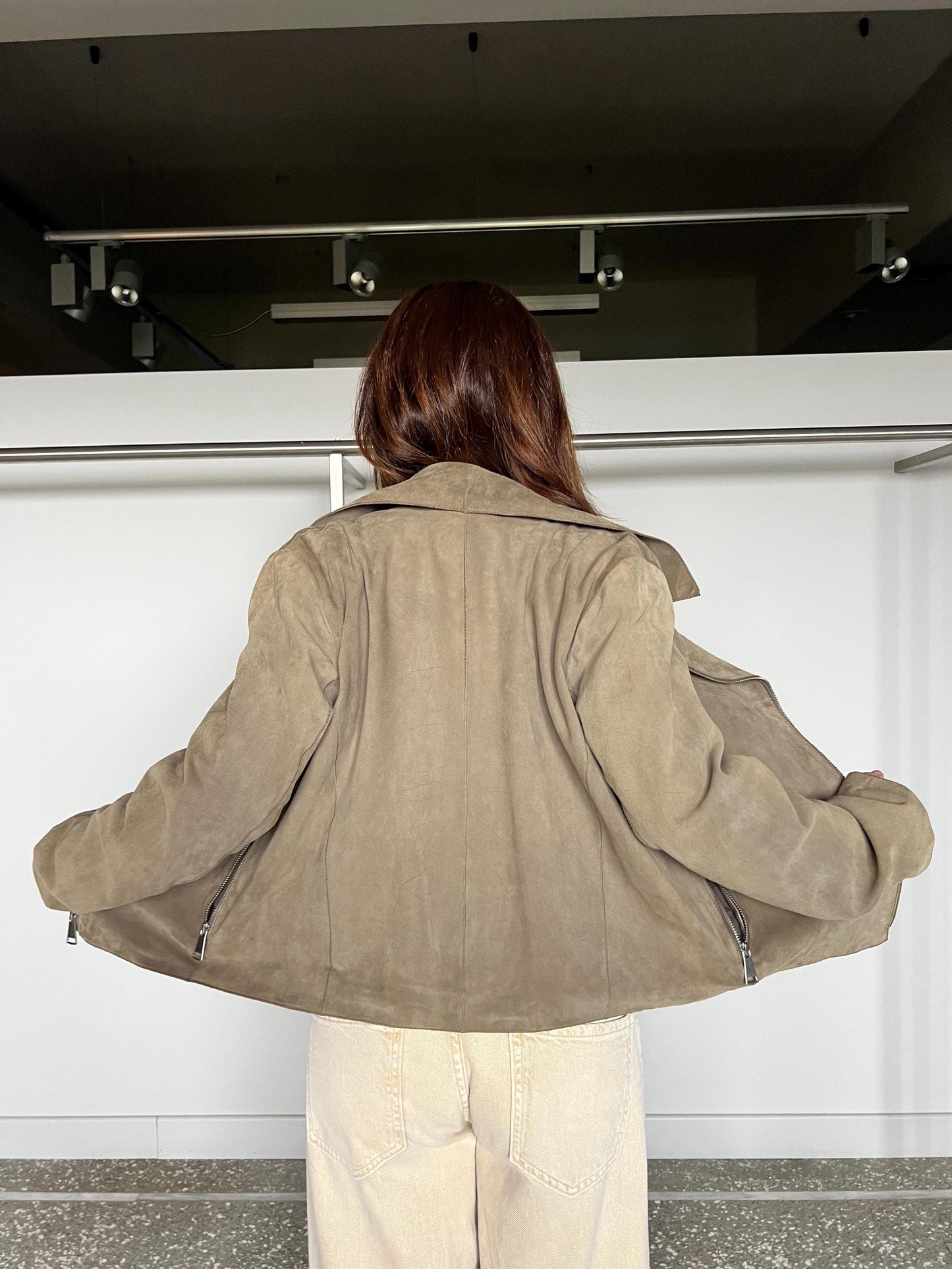 Grey olive  suede leather biker jacket . Light genuinely leather: Handmade blazer with pockets .