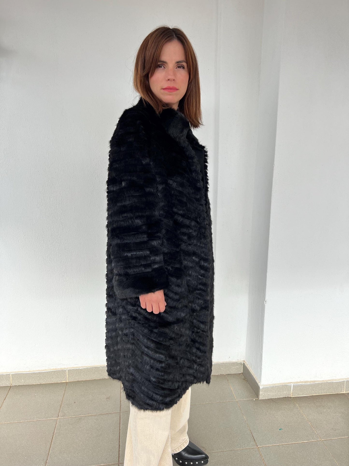Handwoven Black Mink Fur Coat - Wool Lined Jacket