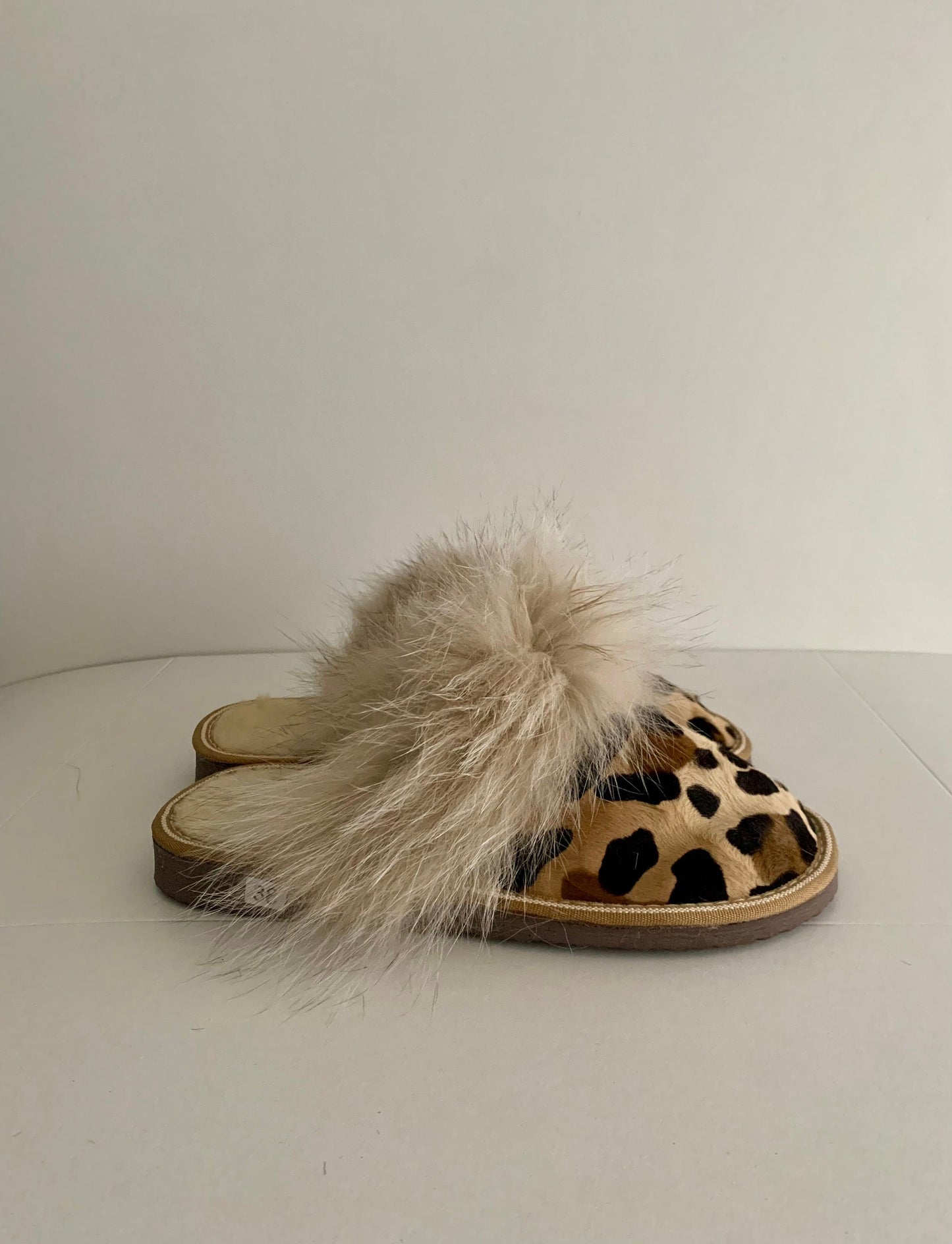 Genuine shearling slippers for women cowhide fur print with fox fur trim,  with foam sole fur slippers. Lightweight mouton fur.