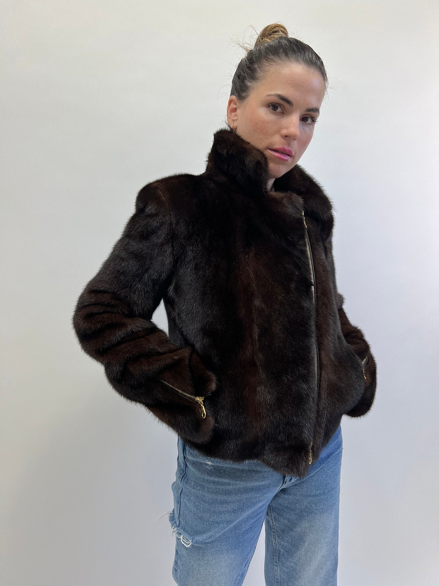 Dark Brown Mink Fur Biker Jacket: Lightweight Luxury with Gold Hardware