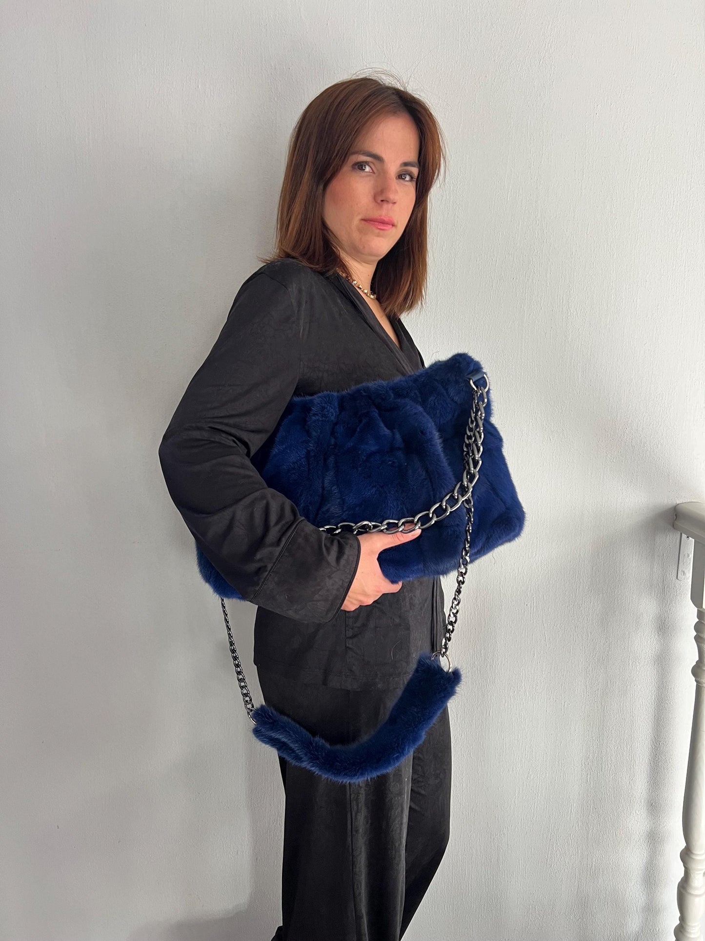 Navy Mink Fur Slouch Bag: Handmade grey Strap Crossbody