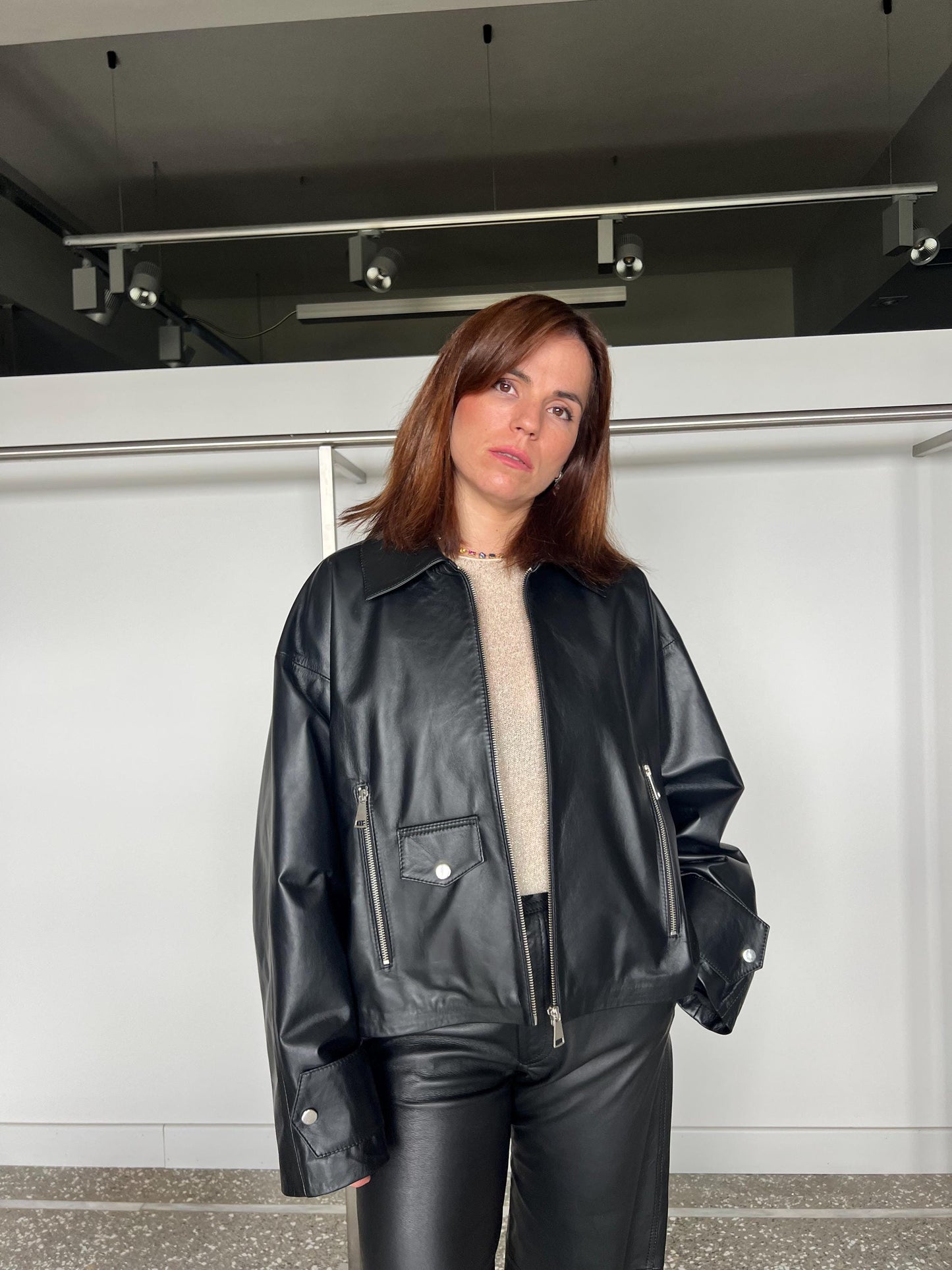 Handmade Black Nappa Leather Jacket: Boxy Zip Up Blazer