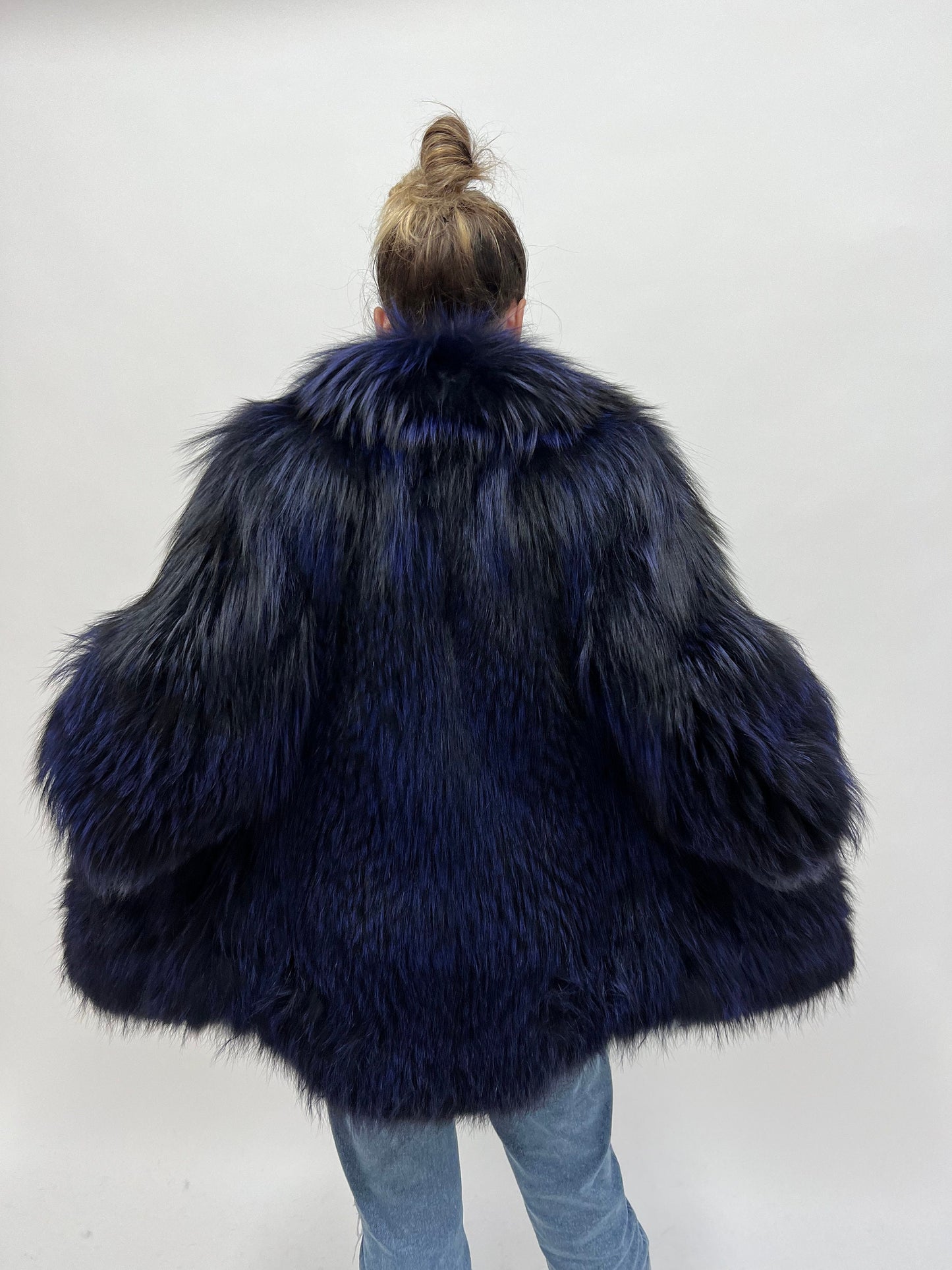 Real Navy Blue Fox Fur Coat: Luxury Women's Stroller, Size Large