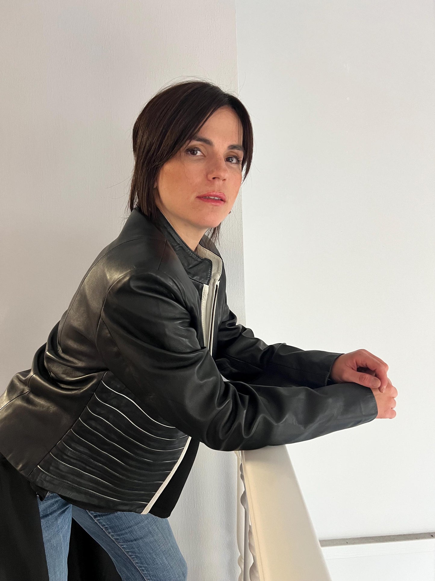 Handmade Black and White Lambskin buttery zipped up Leather Jacket - Medium