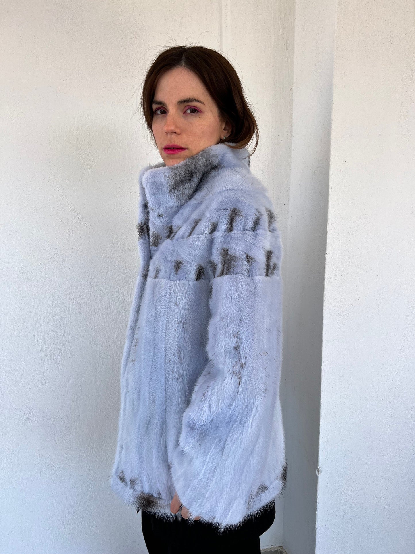Baby Blue Mink Fur Jacket - High Collar, Handmade in Greece