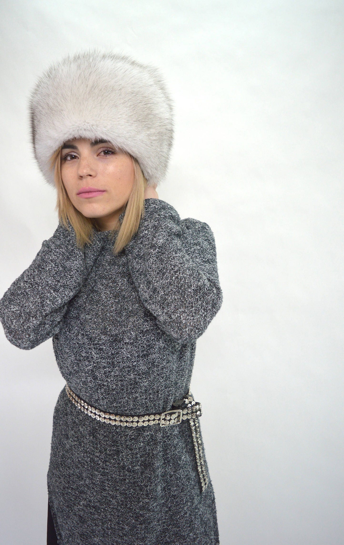 Blue Fox Fur Cossack Hat, Winter Fluffy Head Warmer