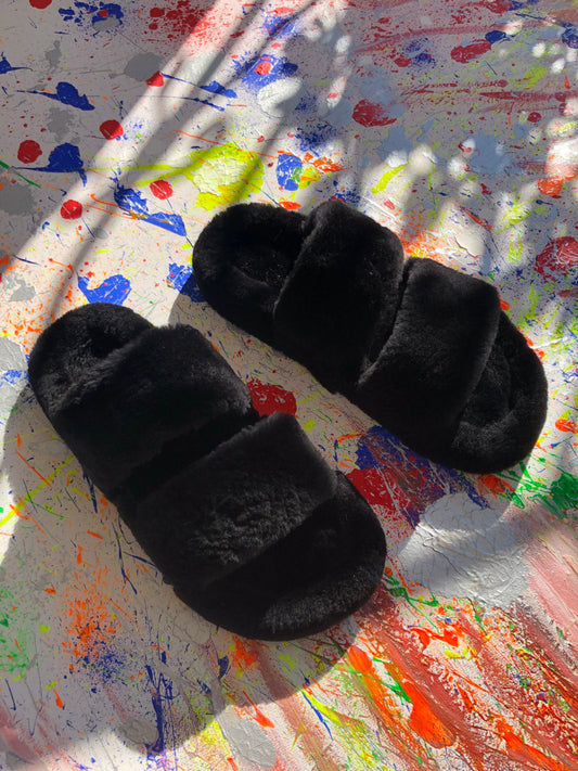 Black Beaver Fur Slides: Luxury Fur Slippers, Comfy Sandals