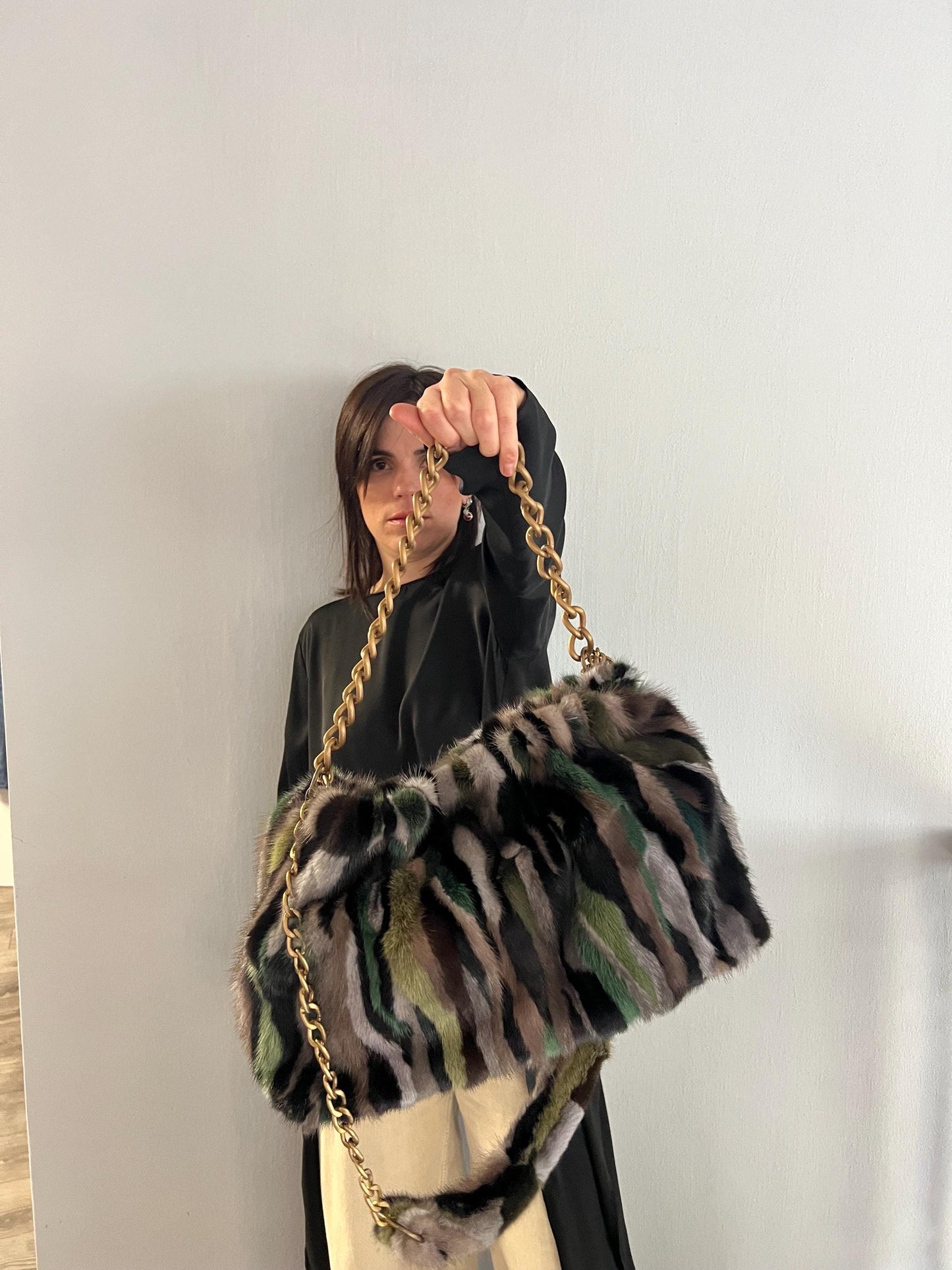 Handmade Mink Fur Slouchy Shoulder Bag: Luxury Cross-body Purse in army shades.