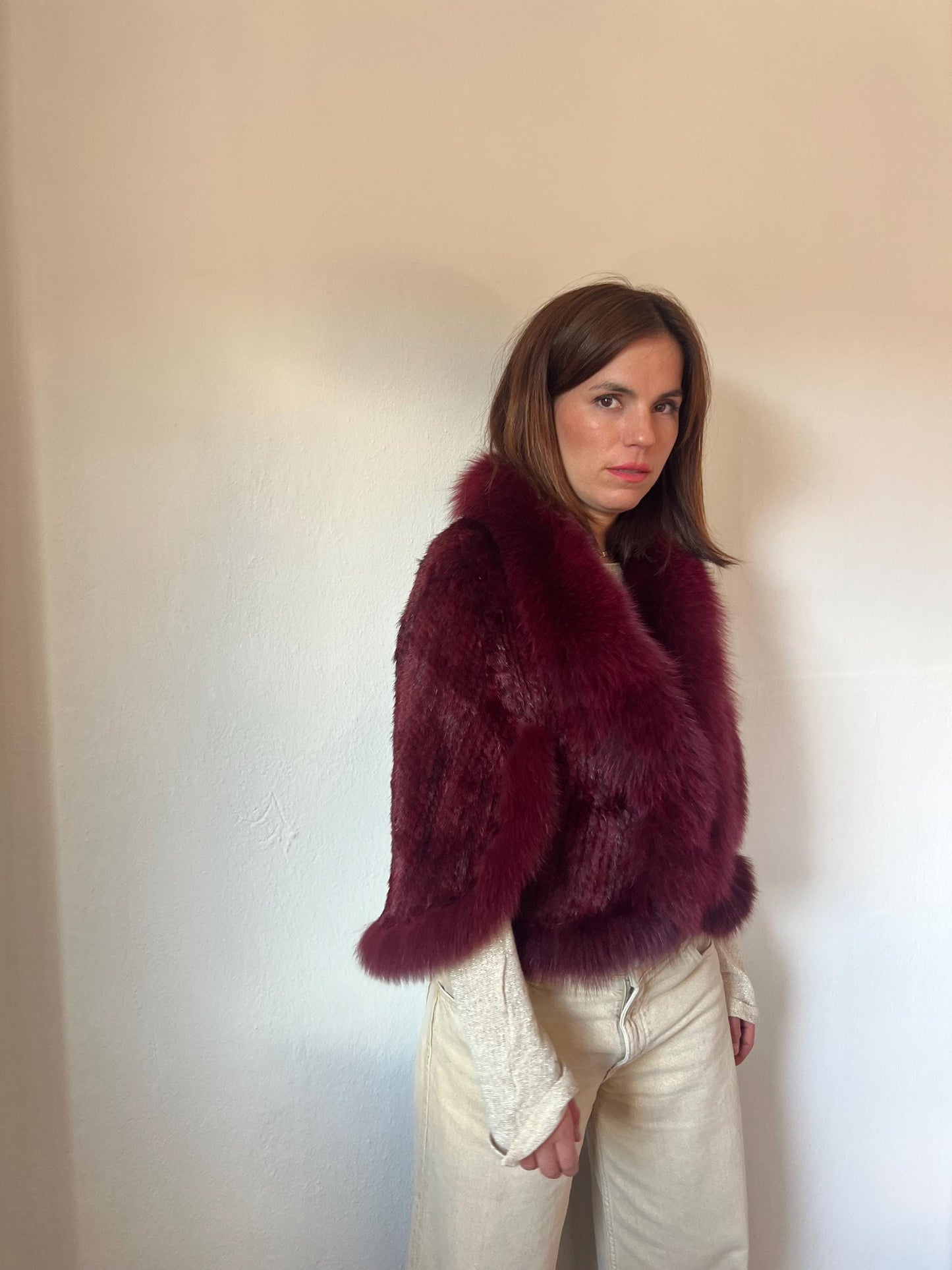 Bordeaux Mink Fur Cape: Handwoven Jacket with Fox Trim