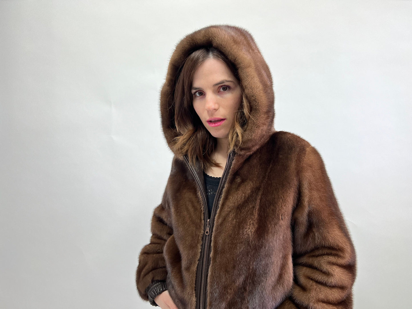 Reversible Brown Leather Mink Fur Hooded Bomber Jacket