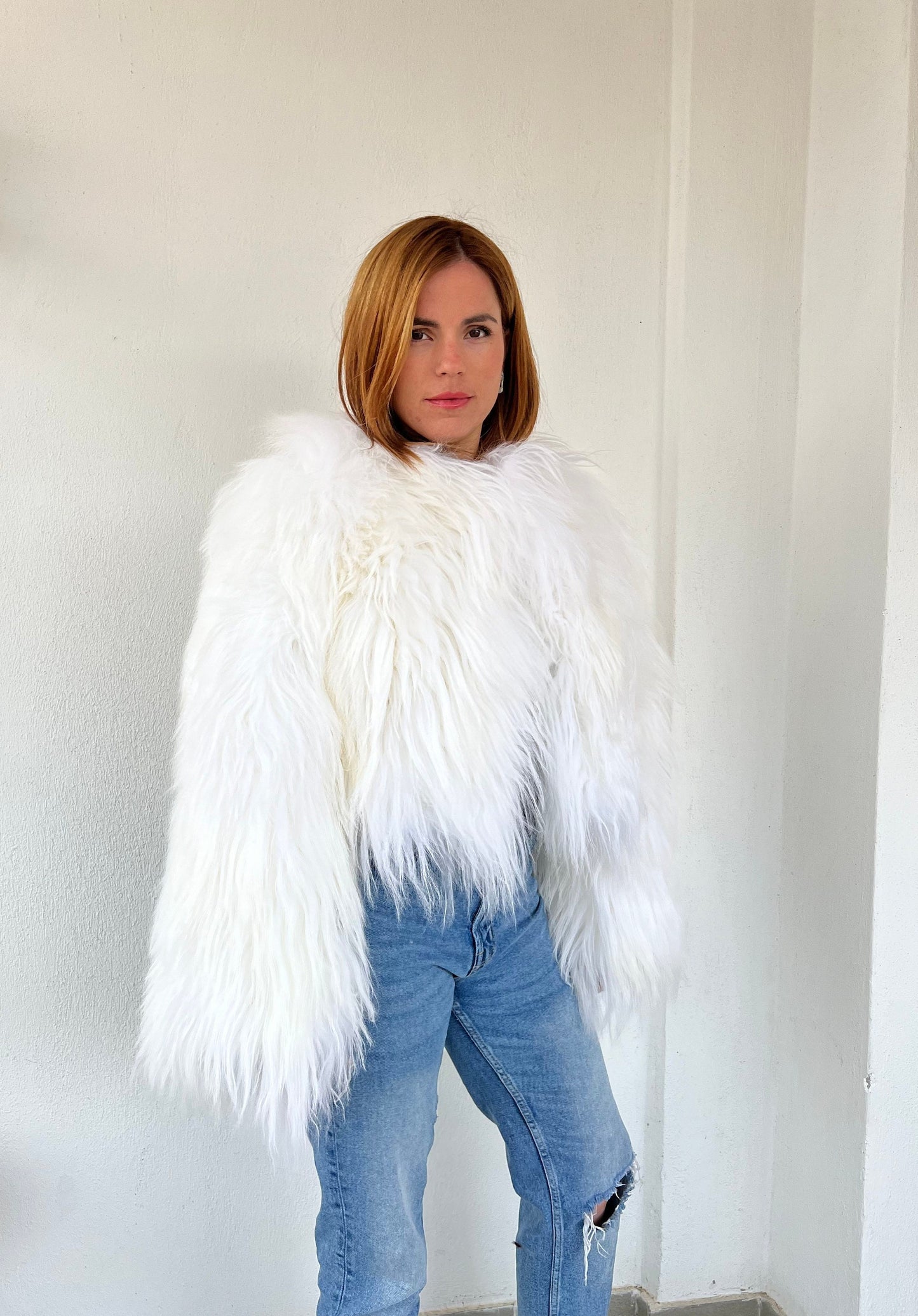 Handmade Mongolian Sheepskin Fur Jacket: Collarless Winter Coat
