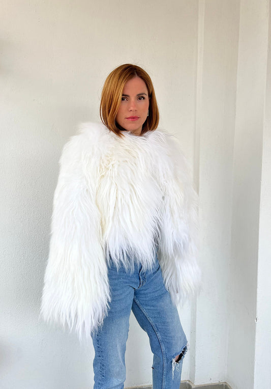 Handmade Mongolian Sheepskin Fur Jacket: Collarless Winter Coat