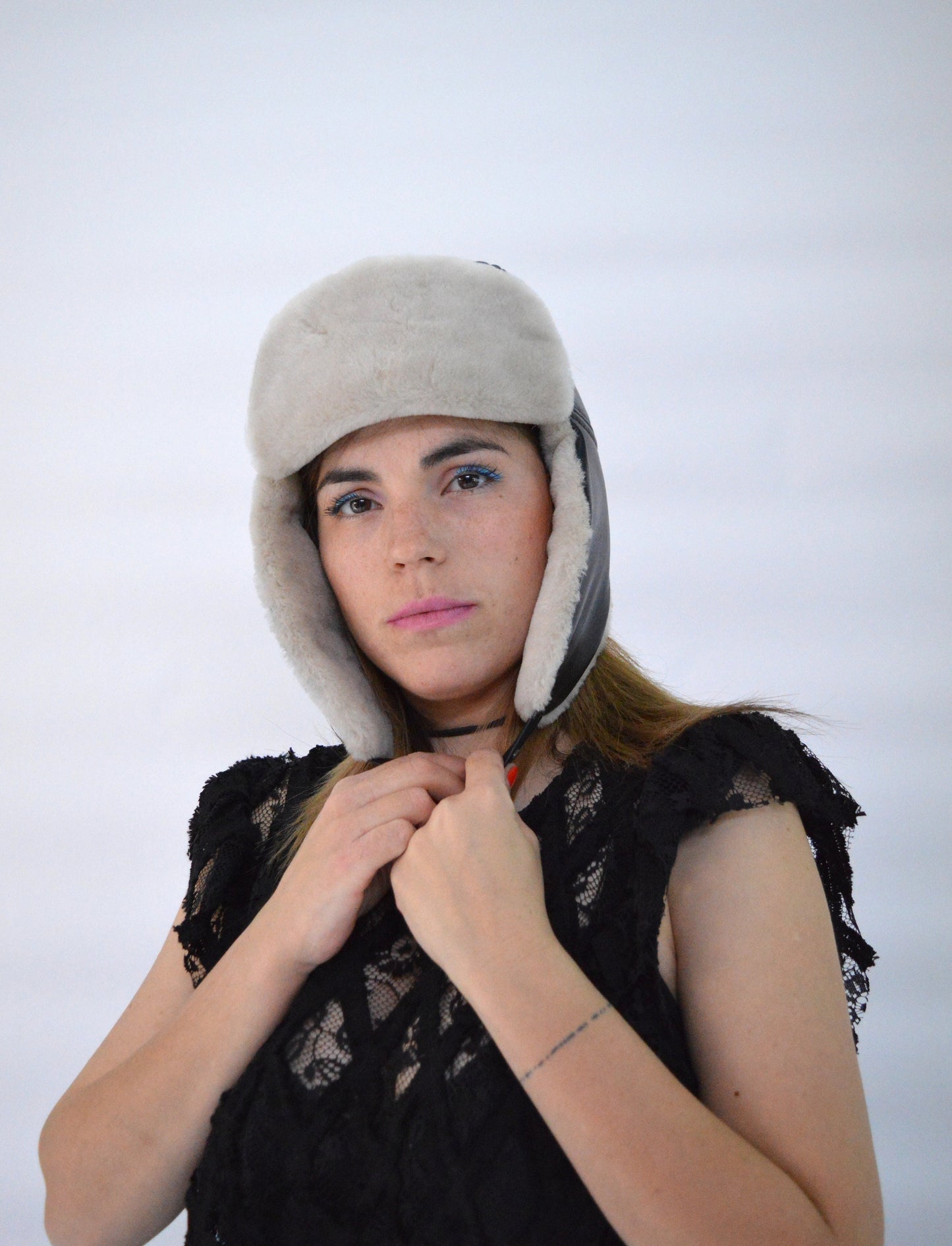 Shearling Fur Trapper Hat: Cream & Bordeaux Sheepskin Aviator Style