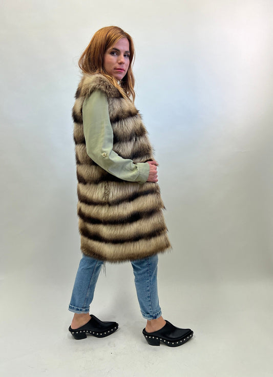 Real Raccoon Fur Vest: Beige Brown Leather Trim, Size XXSmall-XSmall