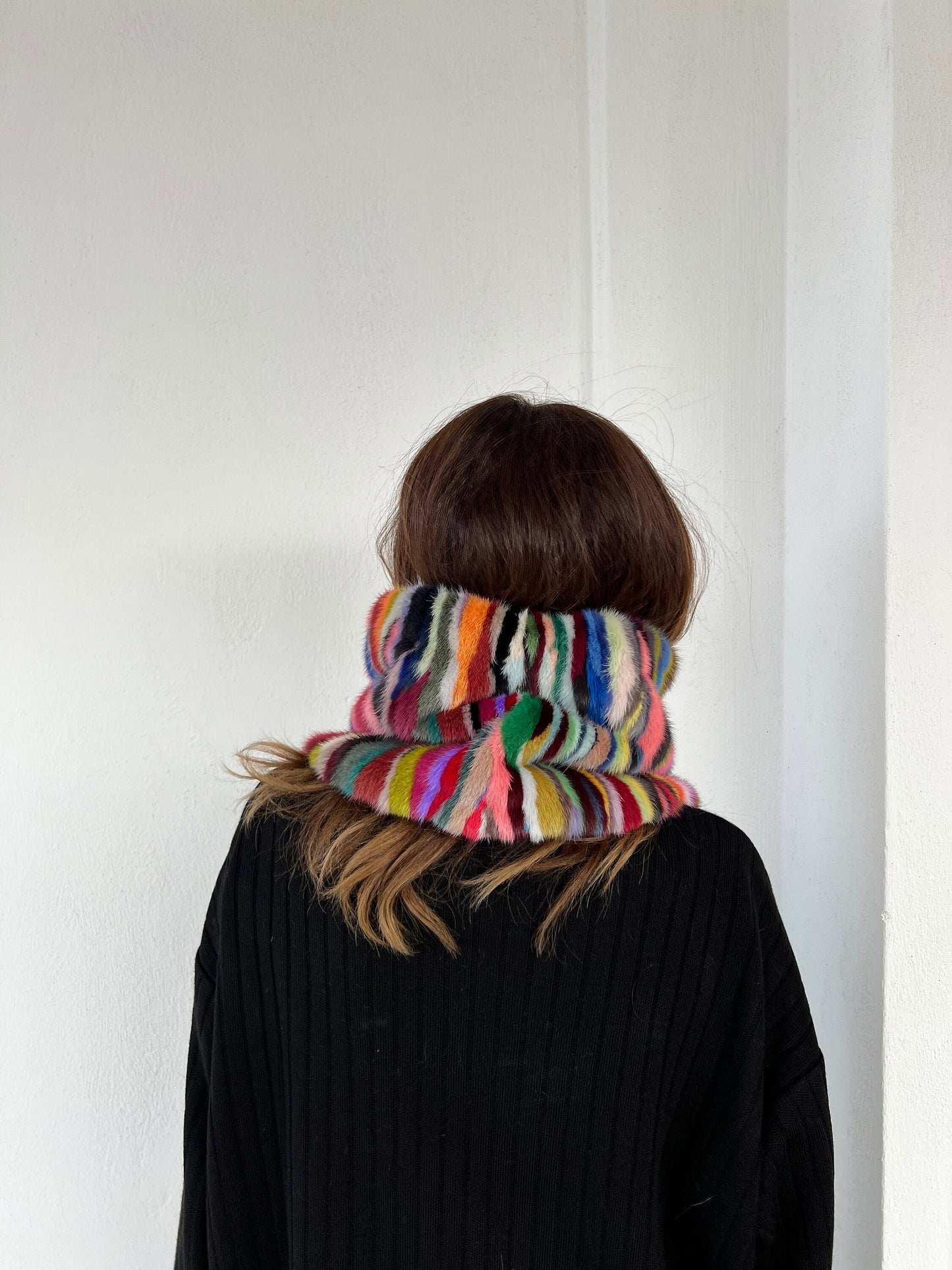 Multicolored Mink Fur Cowl: Zipped Leather Detail Infinity Scarf