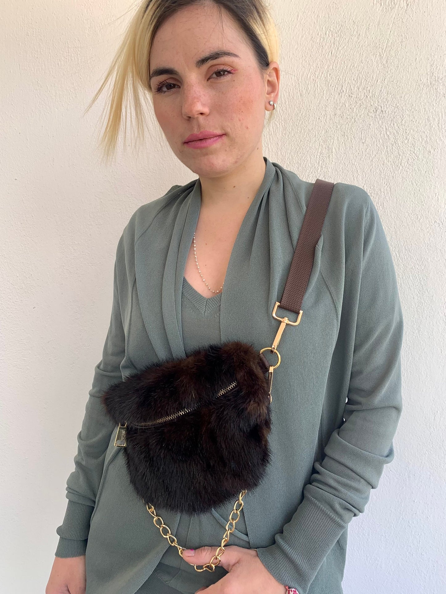 Real Mink Fur Bumbag: Brown Fanny Pack with Chain