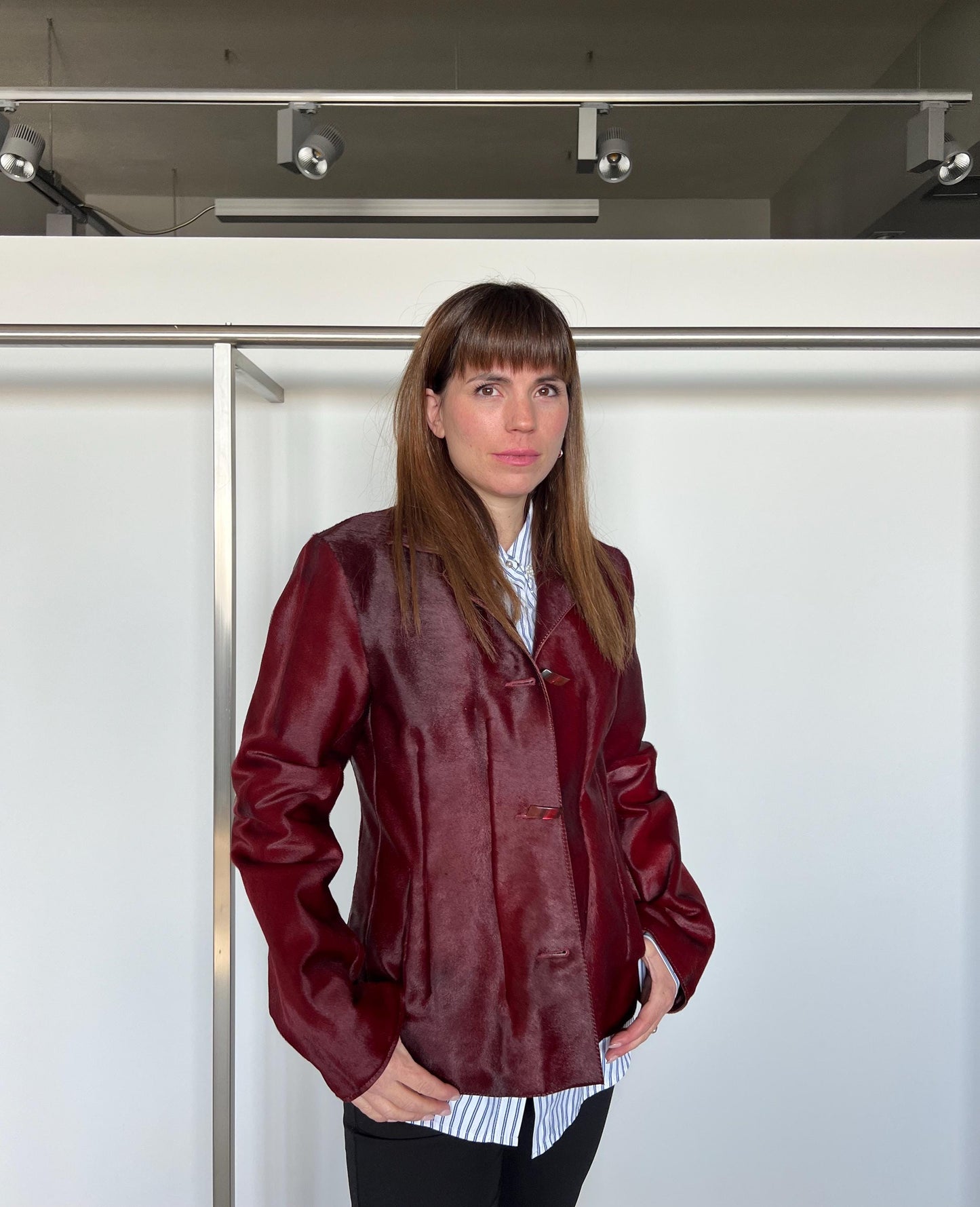 Genuine Cherry Leather Jacket: Hair-On Hide Calf Cavallino Coat